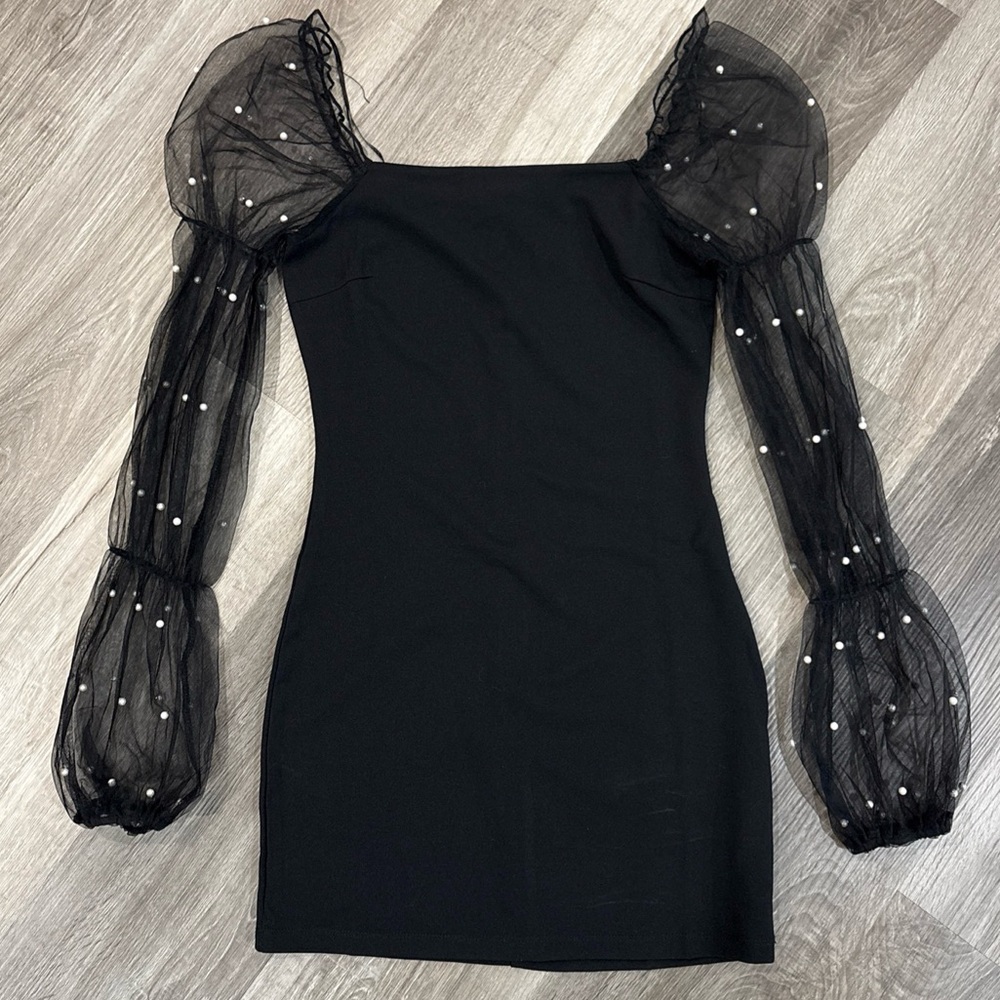 Thirty Thirty LA Womens Dress Sheer Long Sleeves Pearl Beads Bodycon Mini Sz SM